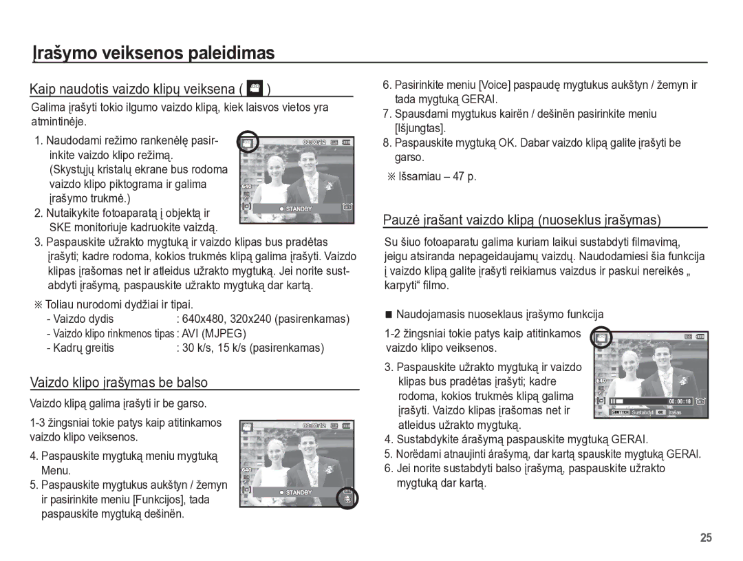 Samsung EC-PL65ZBBP/RU manual Kaip naudotis vaizdo klipǐ veiksena, Vaizdo klipo Ƴrašymas be balso 