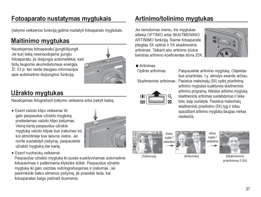 Samsung EC-PL65ZBBP/RU Fotoaparato nustatymas mygtukais, Maitinimo mygtukas, Užrakto mygtukas, Artinimo/tolinimo mygtukas 