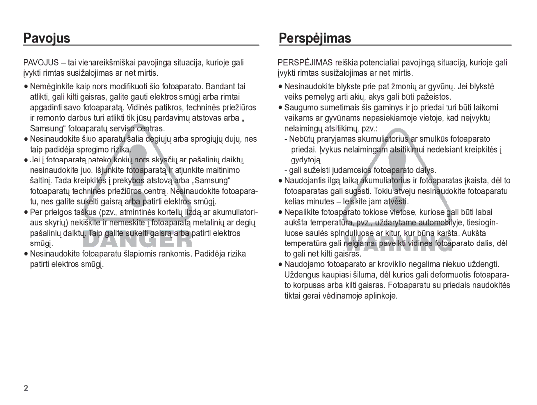 Samsung EC-PL65ZBBP/RU manual Pavojus, Perspơjimas 