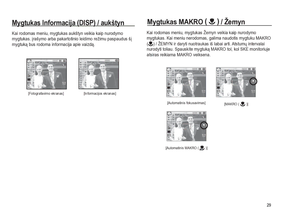 Samsung EC-PL65ZBBP/RU manual Mygtukas Informacija Disp / aukštyn, Mygtukas Makro / Žemyn 