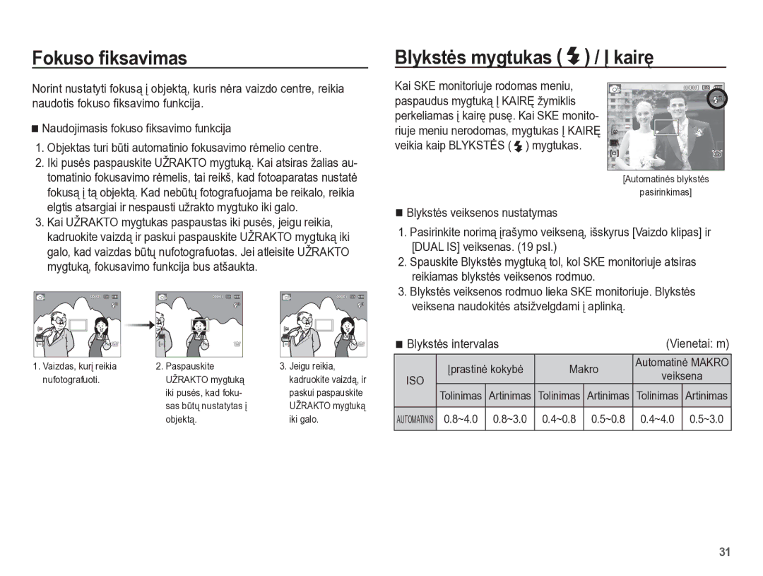 Samsung EC-PL65ZBBP/RU manual Fokuso ﬁksavimas, Blykstơs mygtukas / Ʋ kairĊ, Blykstơs intervalas Vienetai m, ~4.0 ~3.0 ~0.8 