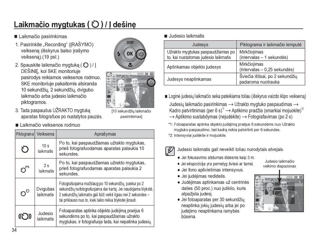 Samsung EC-PL65ZBBP/RU manual Laikmaþio pasirinkimas, Laikmaþio veiksenos rodmuo, Judesio laikmatis 