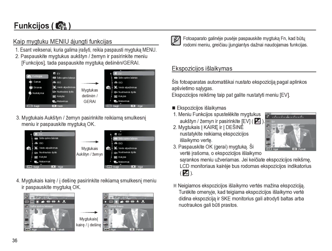 Samsung EC-PL65ZBBP/RU manual Kaip mygtuku Meniu ájungti funkcijas, Ekspozicijos išlaikymas, Nuotraukos gali b ti prastos 