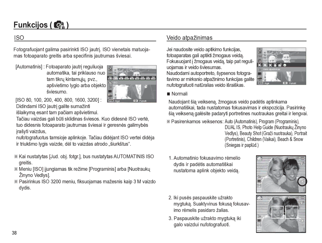 Samsung EC-PL65ZBBP/RU manual Veido atpažinimas, Tam tikrǐ kintamǐjǐ, pvz, Šviesumo, Normali 