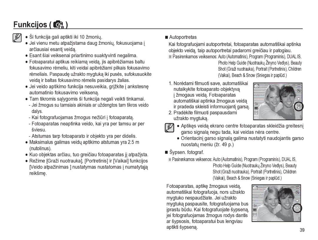 Samsung EC-PL65ZBBP/RU manual Žmogaus veidą. Fotoaparatas, Tam tikromis sąlygomis ši funkcija negali veikti tinkamai 