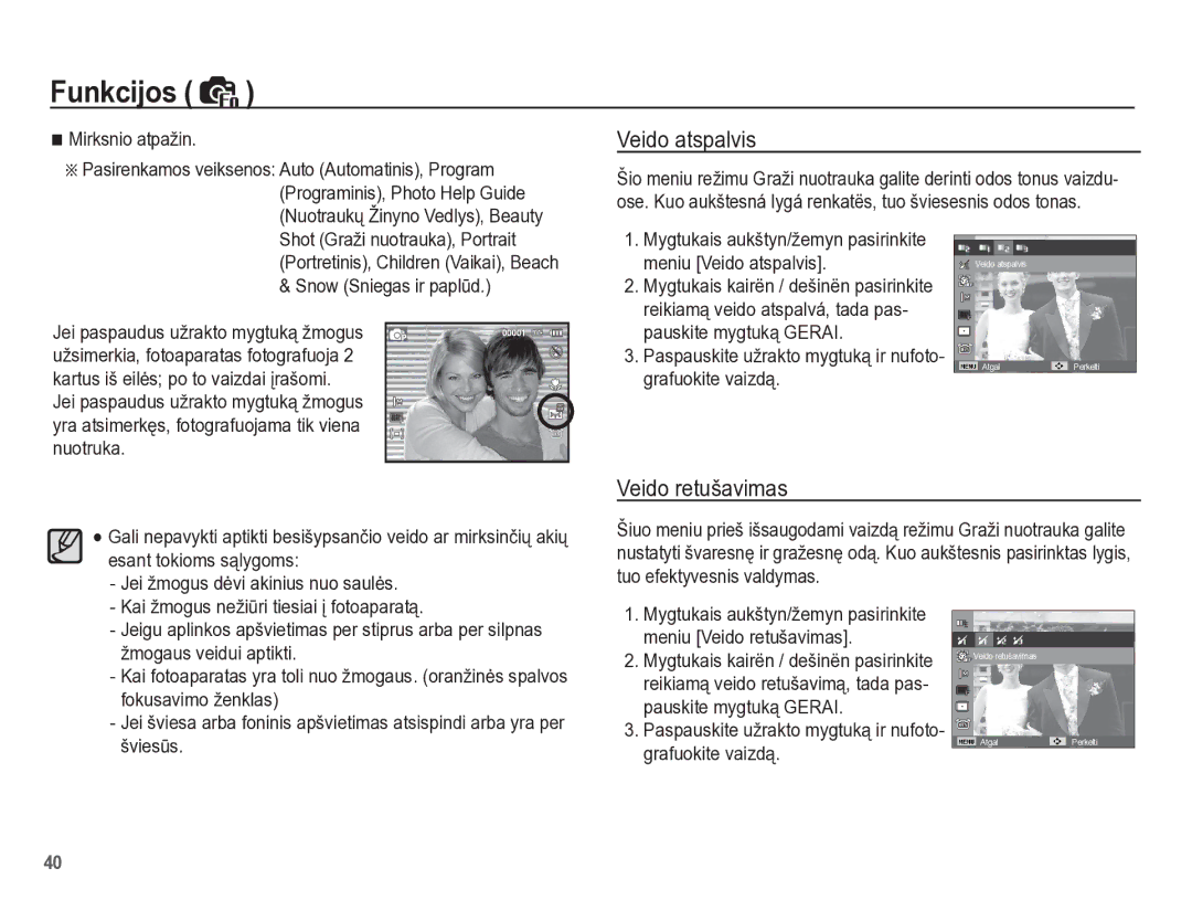 Samsung EC-PL65ZBBP/RU manual Veido atspalvis, Veido retušavimas 