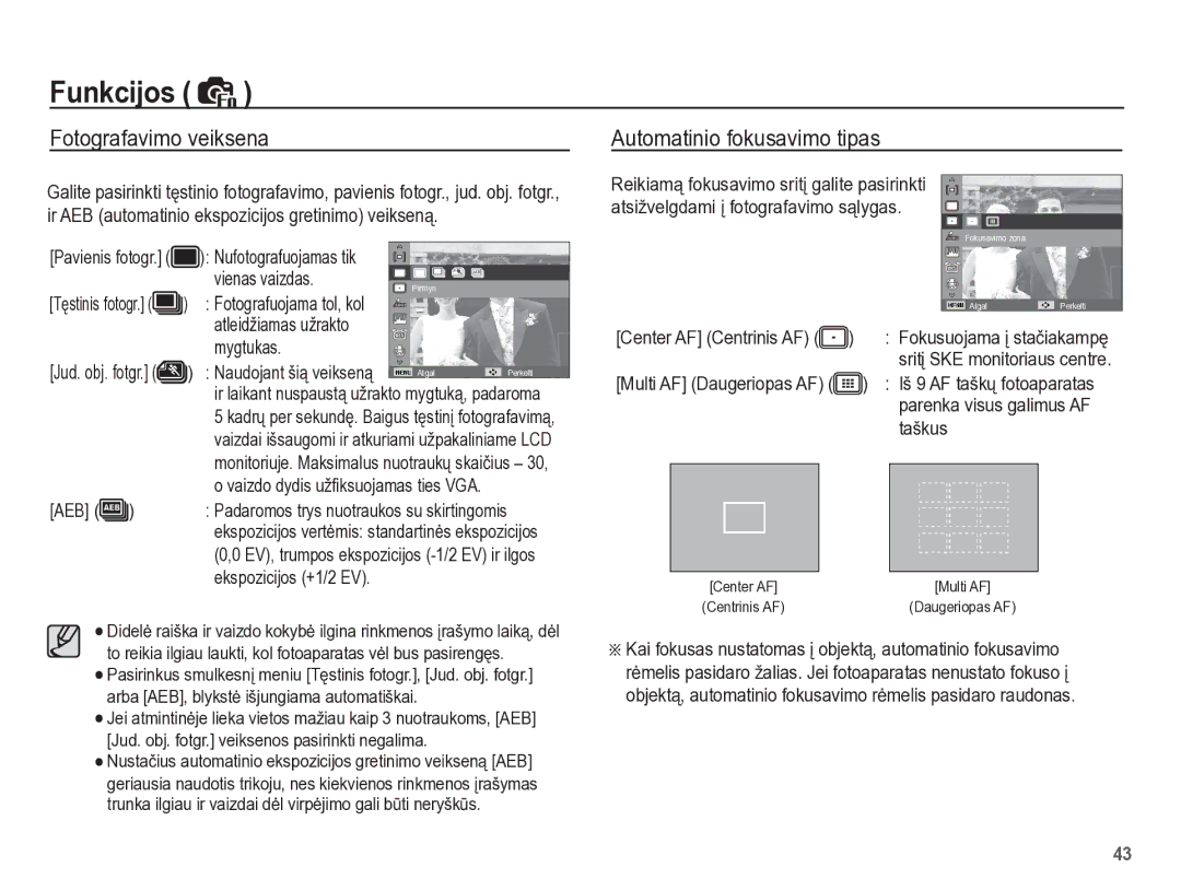 Samsung EC-PL65ZBBP/RU manual Fotografavimo veiksena Automatinio fokusavimo tipas 