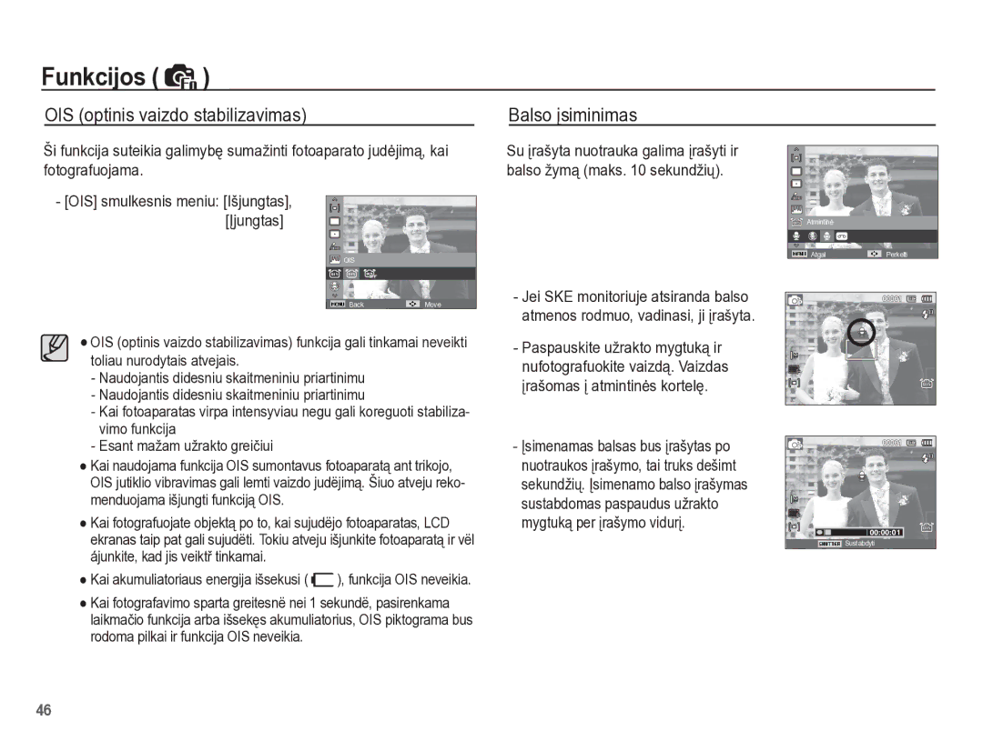 Samsung EC-PL65ZBBP/RU manual OIS optinis vaizdo stabilizavimas Balso Ƴsiminimas 