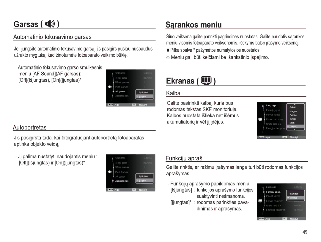 Samsung EC-PL65ZBBP/RU manual Sąrankos meniu, Ekranas 