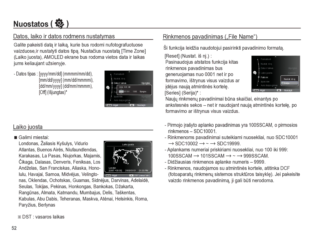 Samsung EC-PL65ZBBP/RU manual Datos, laiko ir datos rodmens nustatymas, Rinkmenos pavadinimas „File Name, Laiko juosta 