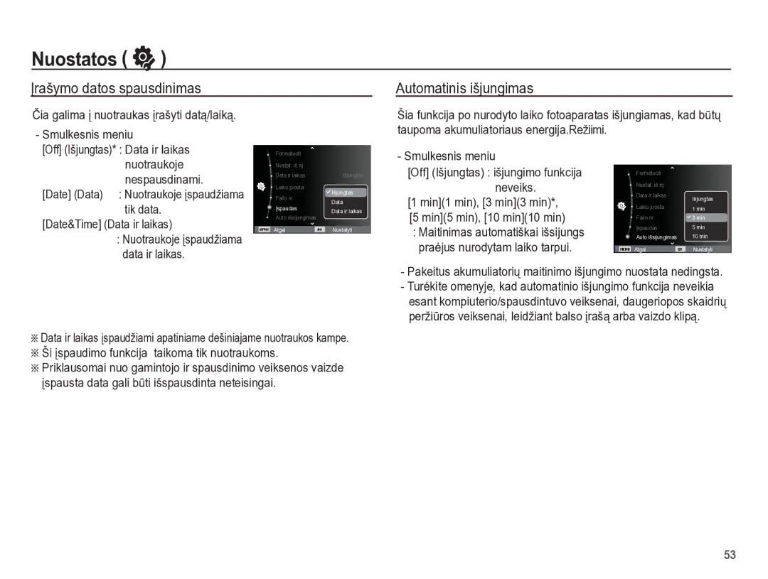 Samsung EC-PL65ZBBP/RU Ʋrašymo datos spausdinimas Automatinis išjungimas, Nuotraukoje, Tik data Date&Time Data ir laikas 