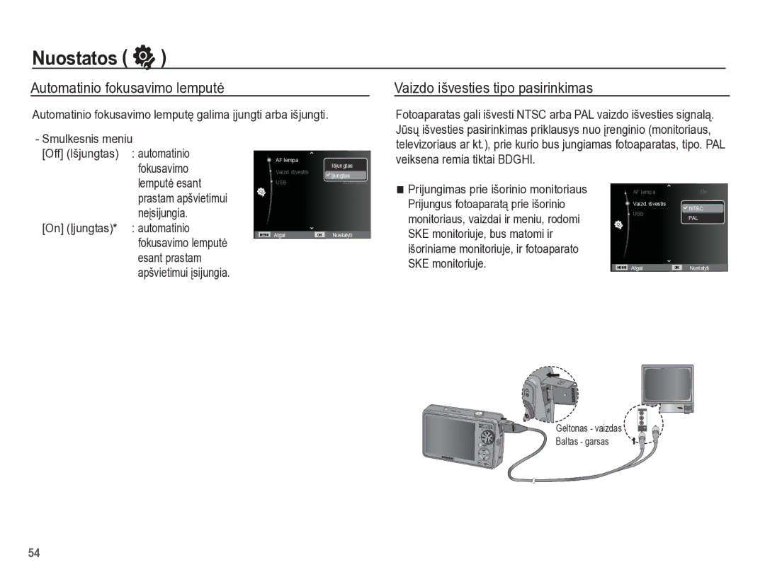 Samsung EC-PL65ZBBP/RU manual Automatinio fokusavimo lemputơ, Vaizdo išvesties tipo pasirinkimas 