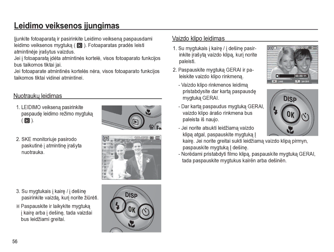 Samsung EC-PL65ZBBP/RU manual Leidimo veiksenos Ƴjungimas, Vaizdo klipo leidimas, Nuotraukǐ leidimas 