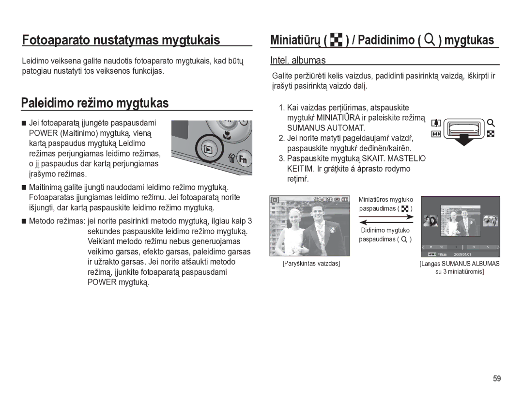 Samsung EC-PL65ZBBP/RU manual Paleidimo režimo mygtukas, Miniatiǌrǐ º / Padidinimo í mygtukas, Intel. albumas 