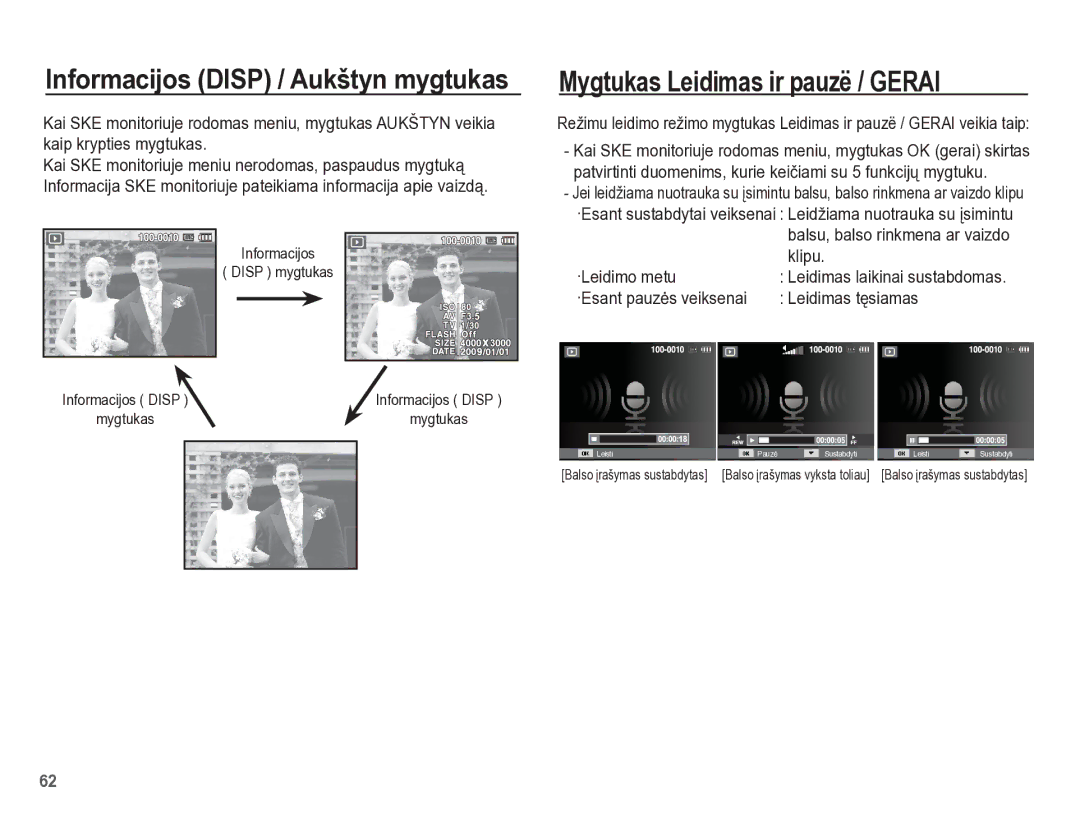 Samsung EC-PL65ZBBP/RU Mygtukas Leidimas ir pauzë / Gerai, Klipu, ·Leidimo metu, ·Esant pauzơs veiksenai Leidimas tĊsiamas 