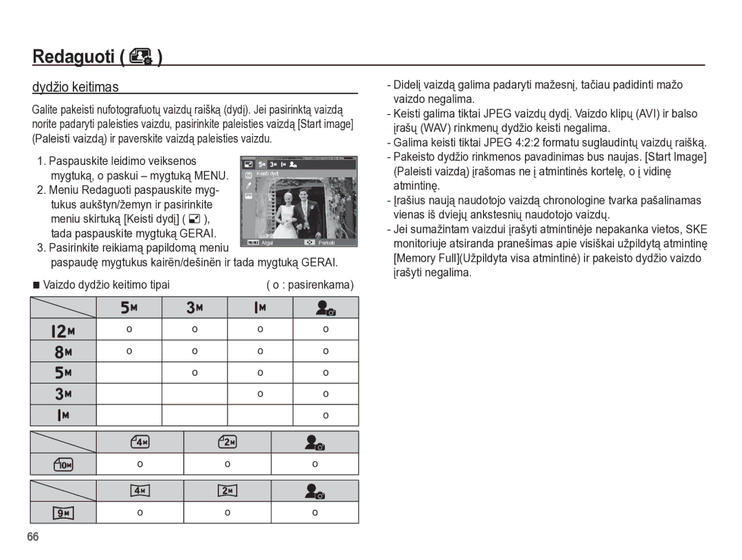 Samsung EC-PL65ZBBP/RU manual Redaguoti, Dydžio keitimas, Paspauskite leidimo veiksenos, Vaizdo dydžio keitimo tipai 