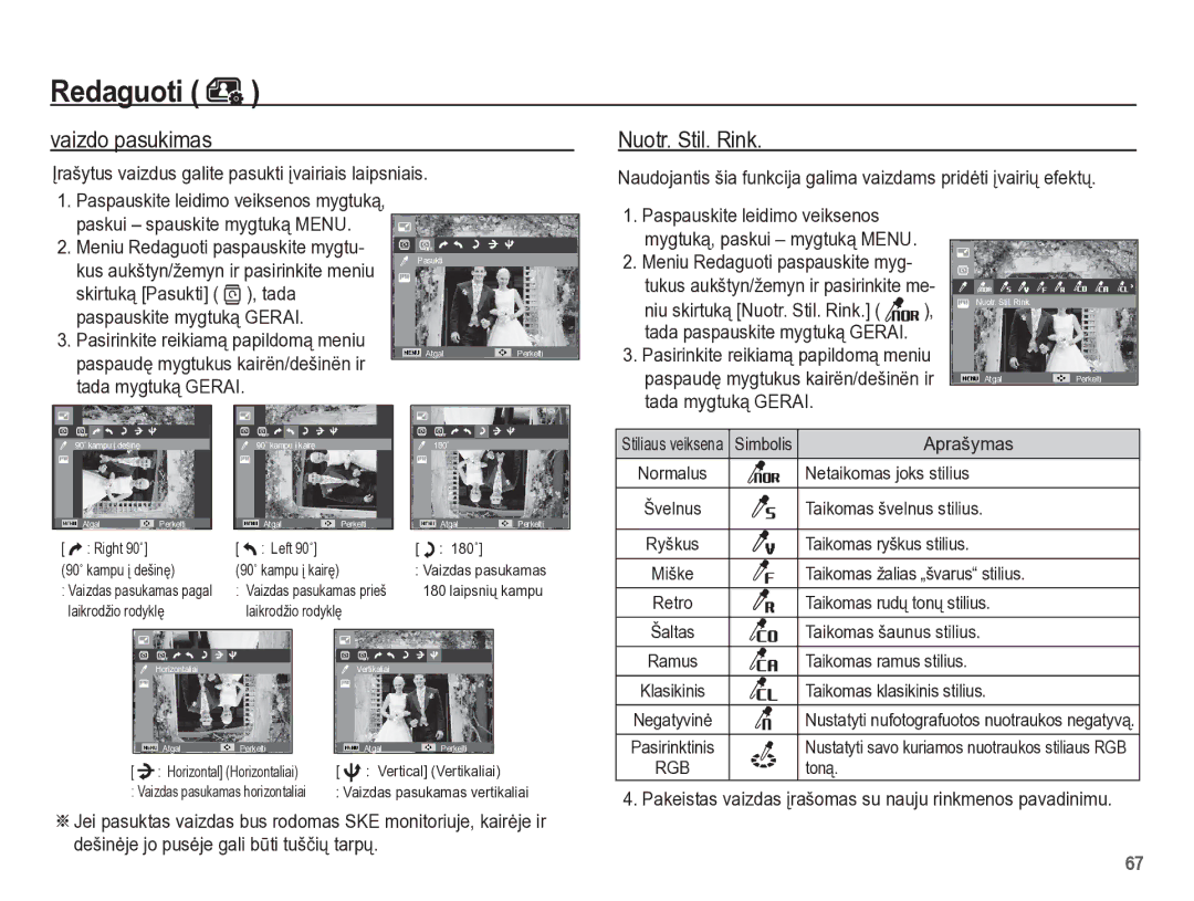 Samsung EC-PL65ZBBP/RU manual Vaizdo pasukimas, Ʋrašytus vaizdus galite pasukti Ƴvairiais laipsniais, Tada mygtuką Gerai 