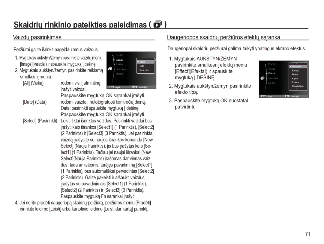 Samsung EC-PL65ZBBP/RU manual Skaidriǐ rinkinio pateikties paleidimas , Vaizdǐ pasirinkimas 