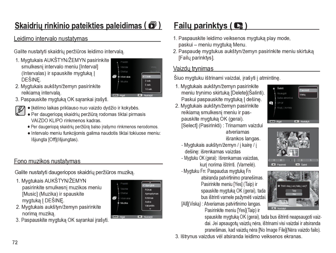 Samsung EC-PL65ZBBP/RU manual Failǐ parinktys, Leidimo intervalo nustatymas, Fono muzikos nustatymas, Vaizdǐ trynimas 