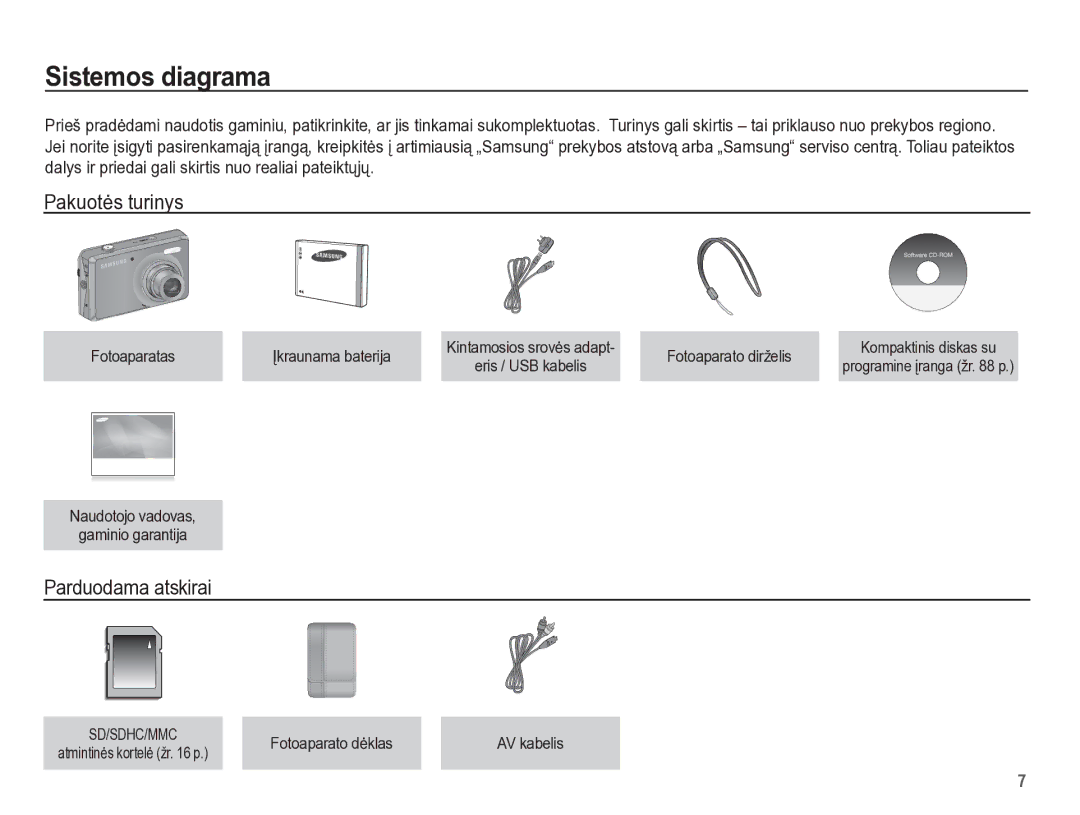 Samsung EC-PL65ZBBP/RU manual Sistemos diagrama, Pakuotơs turinys, Parduodama atskirai 