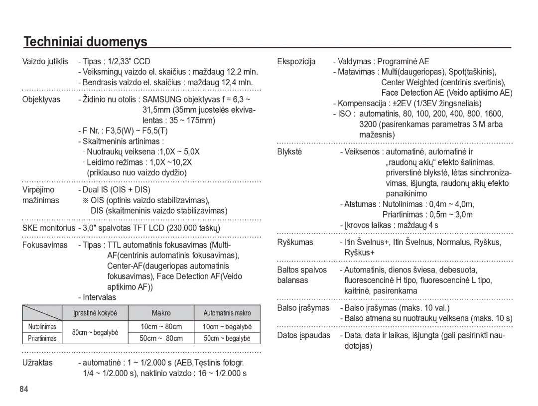 Samsung EC-PL65ZBBP/RU manual Techniniai duomenys 