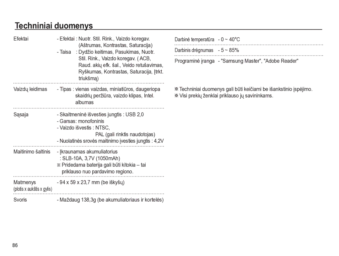 Samsung EC-PL65ZBBP/RU manual Efektai, Triukšmą, Vaizdǐ leidimas, Albumas, Ʋkraunamas akumuliatorius, SLB-10A, 3,7V 1050mAh 