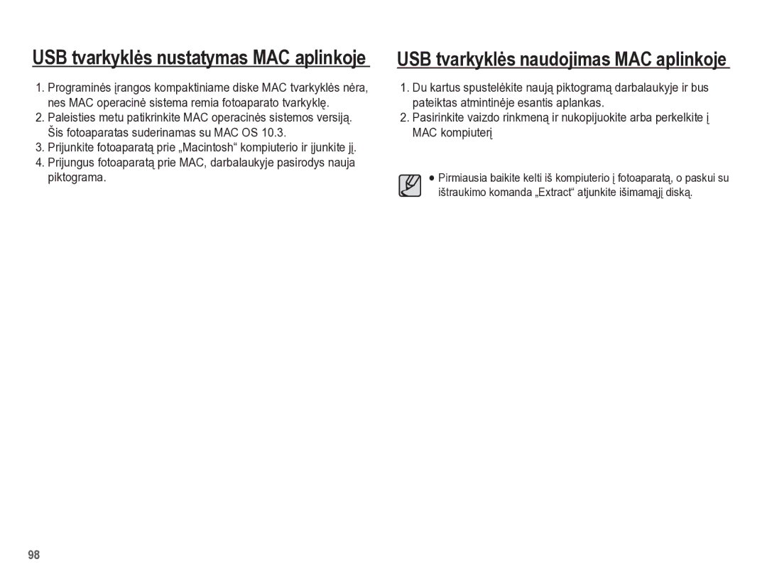 Samsung EC-PL65ZBBP/RU manual USB tvarkyklơs nustatymas MAC aplinkoje 