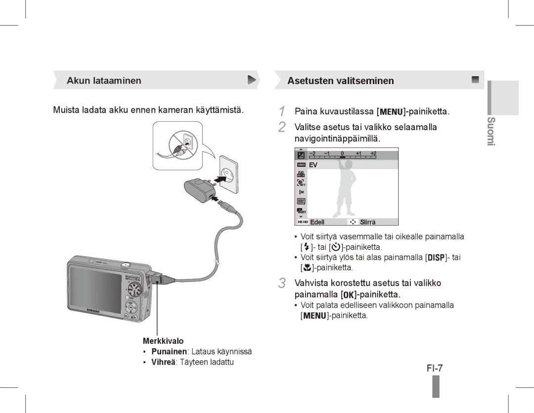 Samsung EC-PL65ZABP/SA, EC-PL65ZRBP/FR FI-7, Akun lataaminen Asetusten valitseminen, Valitse asetus tai valikko selaamalla 