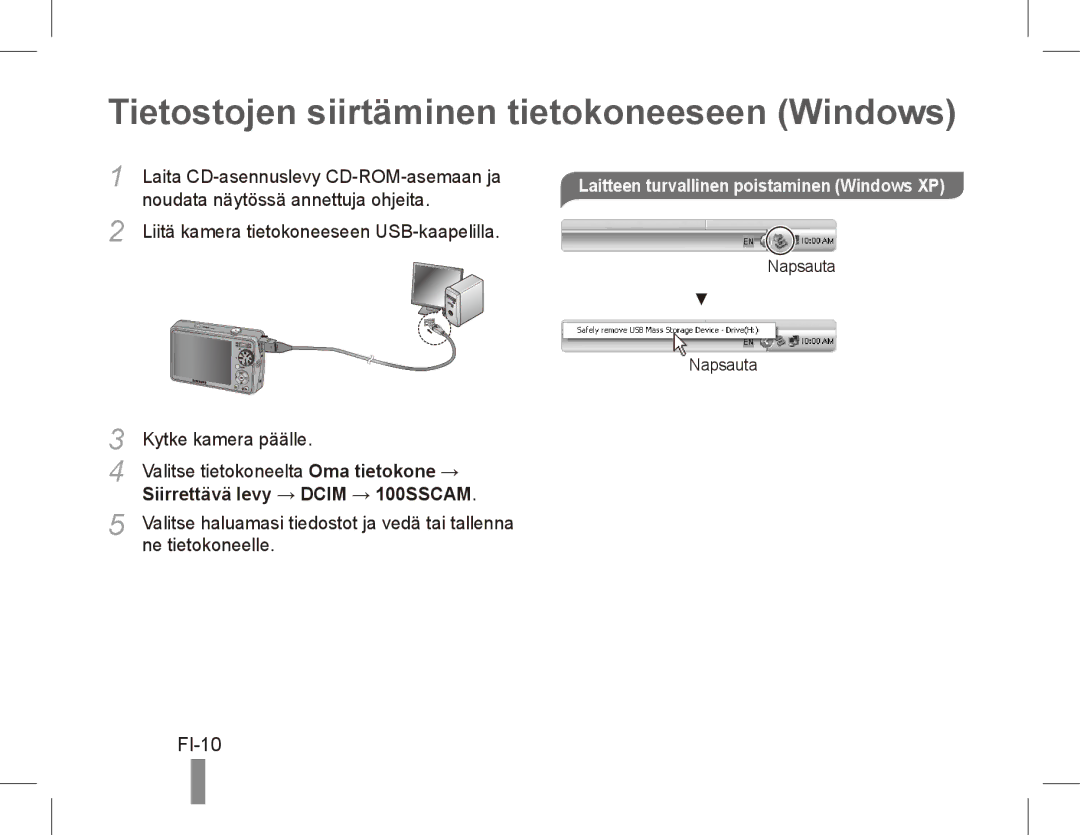 Samsung EC-PL65ZBBP/ME Tietostojen siirtäminen tietokoneeseen Windows, FI-10, Laitteen turvallinen poistaminen Windows XP 