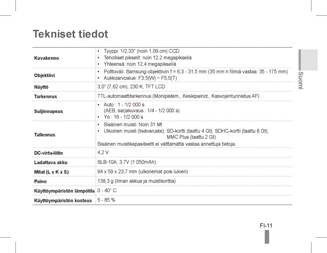 Samsung EC-PL65ZRBP/SA, EC-PL65ZRBP/FR, EC-PL65ZABP/FR, EC-PL65ZSBP/FR, EC-PL65ZBBP/FR, EC-PL65ZPBP/FR Tekniset tiedot, FI-11 