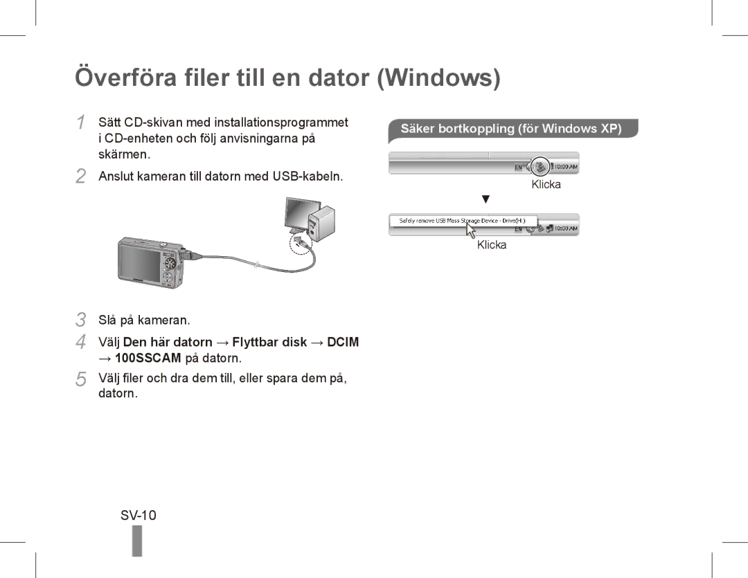 Samsung EC-PL65ZABP/E3, EC-PL65ZRBP/FR manual Överföra filer till en dator Windows, SV-10, Säker bortkoppling för Windows XP 