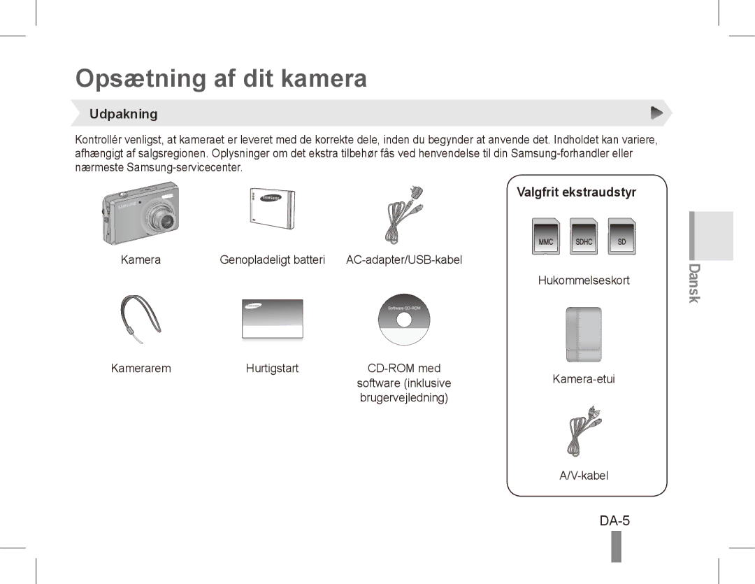 Samsung EC-PL65ZBBP/E2, EC-PL65ZRBP/FR, EC-PL65ZABP/FR manual Opsætning af dit kamera, DA-5, Udpakning, Valgfrit ekstraudstyr 