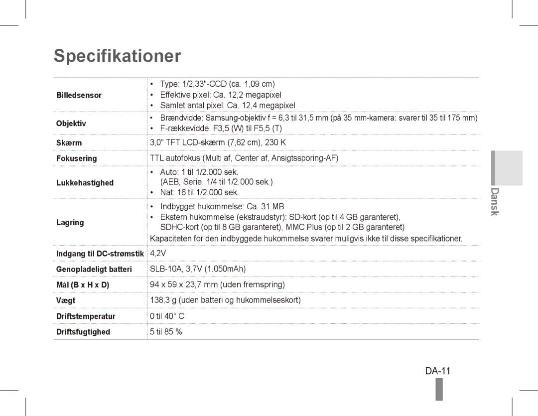 Samsung EC-PL65ZABA/RU, EC-PL65ZRBP/FR manual DA-11, Billedsensor Objektiv, Skærm Fokusering Lukkehastighed Lagring 