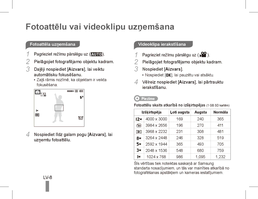 Samsung EC-PL65ZABA/IT, EC-PL65ZRBP/FR, EC-PL65ZABP/FR, EC-PL65ZSBP/FR manual Fotoattēlu vai videoklipu uzņemšana, LV-8 