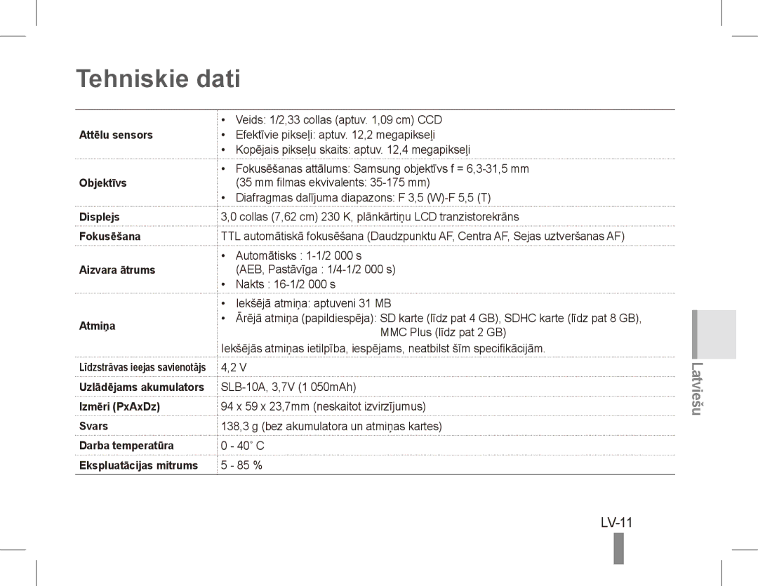 Samsung EC-PL65ZBBP/SA, EC-PL65ZRBP/FR, EC-PL65ZABP/FR, EC-PL65ZSBP/FR, EC-PL65ZBBP/FR manual Tehniskie dati, LV-11, Svars 