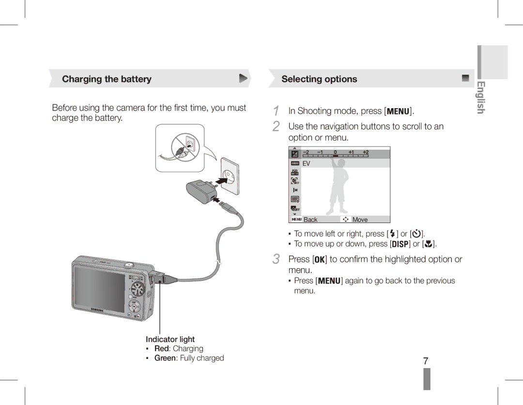 Samsung EC-PL65ZBBA/IT, EC-PL65ZRBP/FR, EC-PL65ZABP/FR, EC-PL65ZSBP/FR manual Charging the battery, Selecting options 