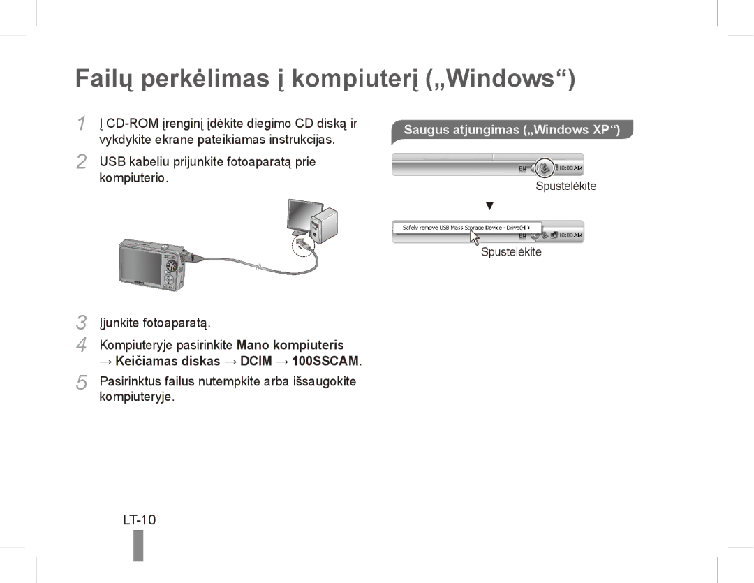 Samsung EC-PL65ZSBP/ME, EC-PL65ZRBP/FR manual Failų perkėlimas į kompiuterį „Windows, LT-10, Saugus atjungimas „Windows XP 