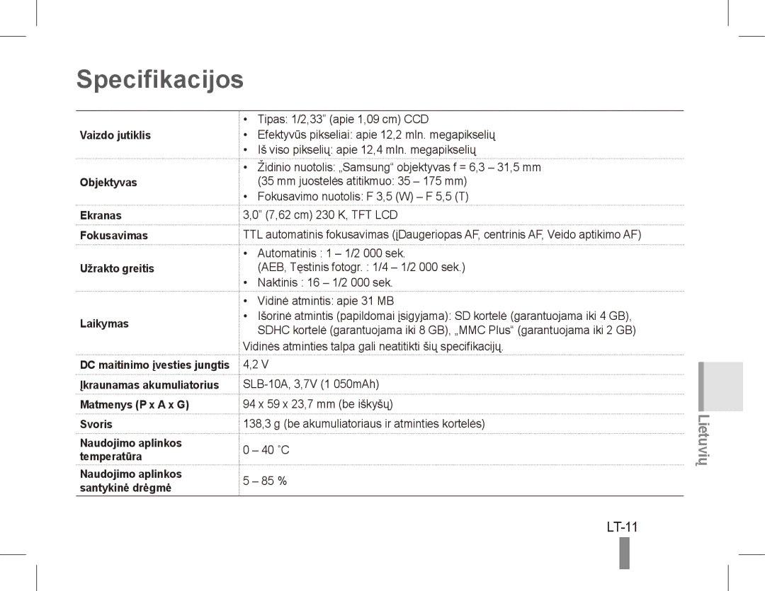 Samsung EC-PL65ZBBP/VN, EC-PL65ZRBP/FR, EC-PL65ZABP/FR, EC-PL65ZSBP/FR manual Specifikacijos, LT-11, Matmenys P x a x G Svoris 