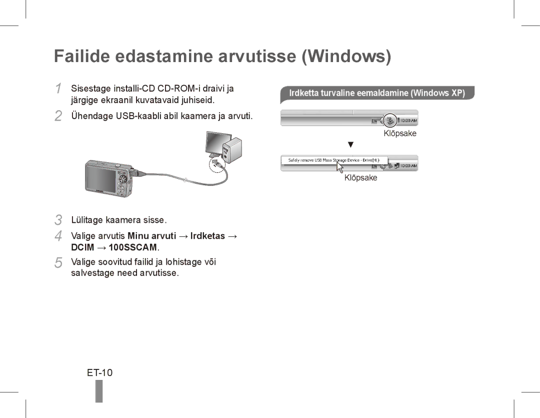 Samsung EC-PL65ZSBP/E3 manual Failide edastamine arvutisse Windows, ET-10, Irdketta turvaline eemaldamine Windows XP 