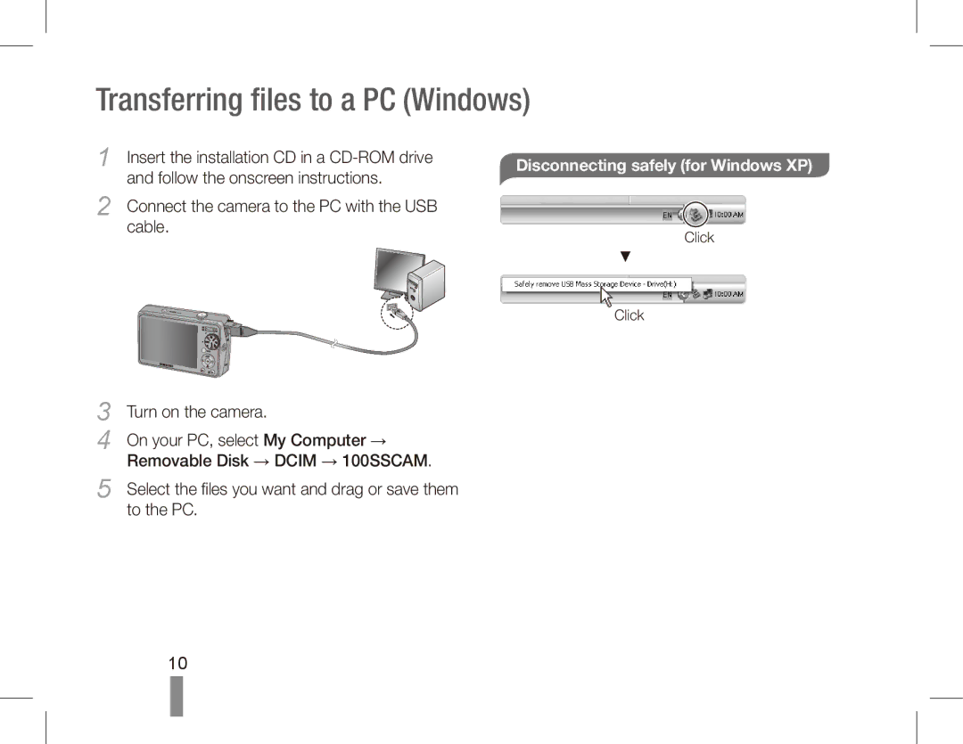 Samsung EC-PL65ZPBP/IT manual Disconnecting safely for Windows XP, Connect the camera to the PC with the USB Cable 