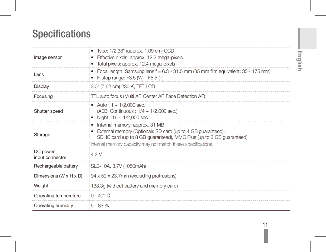 Samsung EC-PL65ZABA/IT, EC-PL65ZRBP/FR, EC-PL65ZABP/FR, EC-PL65ZSBP/FR, EC-PL65ZBBP/FR, EC-PL65ZPBP/FR manual Specifications 