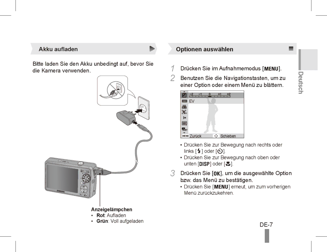 Samsung EC-PL65ZABP/SA, EC-PL65ZRBP/FR manual DE-7, Akku aufladen, Drücken Sie im Aufnahmemodus, Bzw. das Menü zu bestätigen 