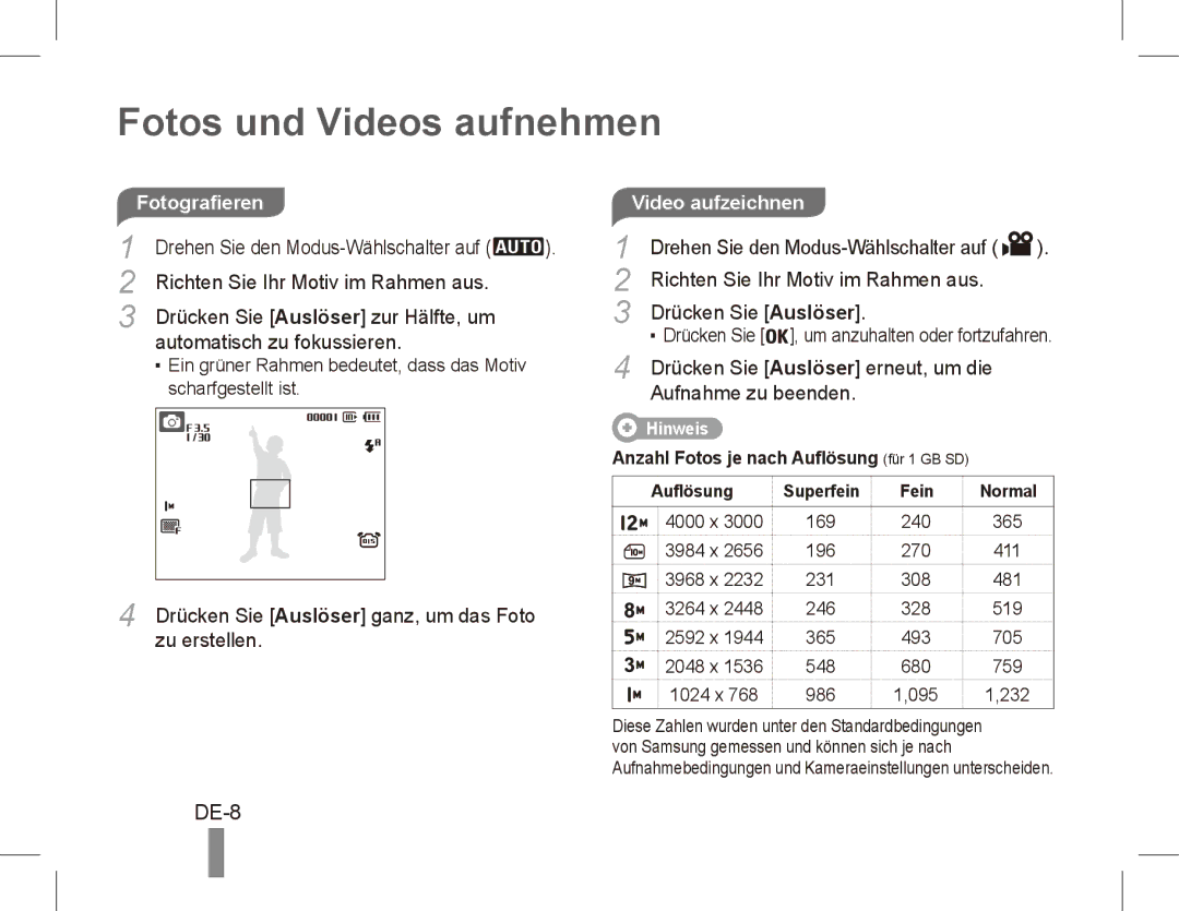 Samsung EC-PL65ZBDP/ME, EC-PL65ZRBP/FR, EC-PL65ZABP/FR, EC-PL65ZSBP/FR Fotos und Videos aufnehmen, DE-8, Video aufzeichnen 