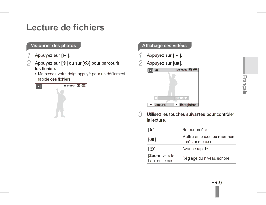 Samsung EC-PL65ZBBP/RU manual Lecture de fichiers, FR-9, Appuyez sur Ou sur pour parcourir Les fichiers, La lecture 