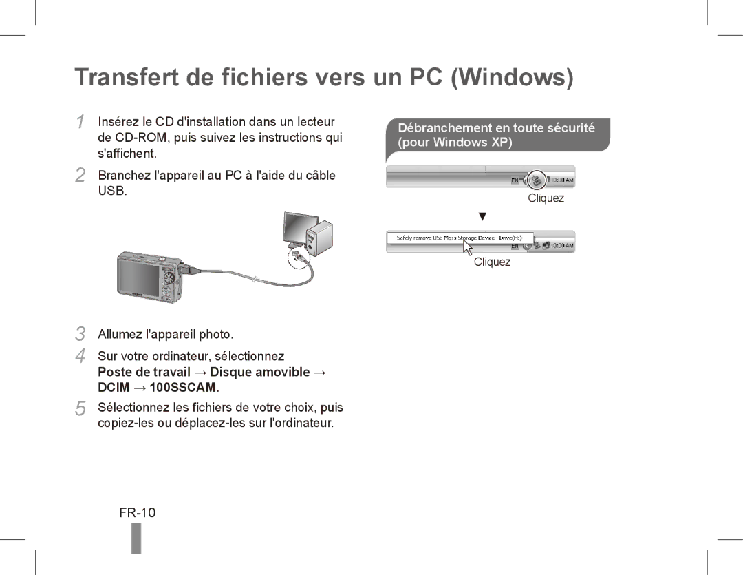 Samsung EC-PL65ZABP/E3 manual Transfert de fichiers vers un PC Windows, FR-10, Saffichent, Allumez lappareil photo 