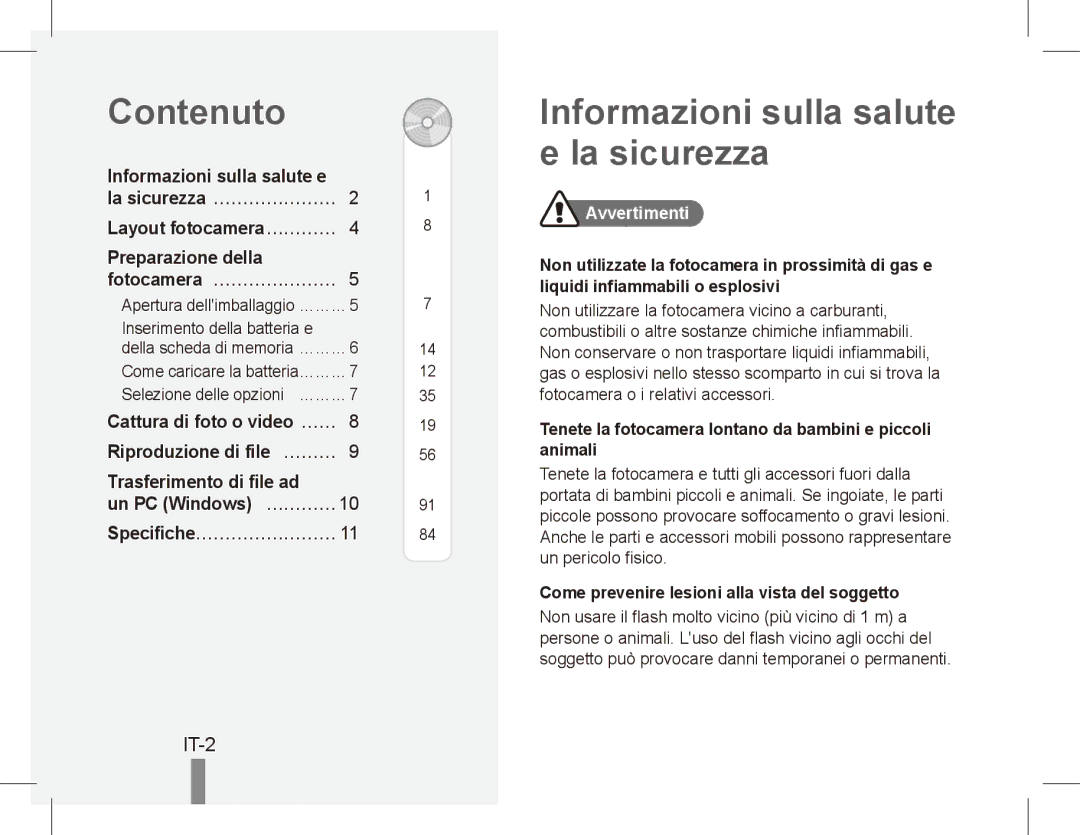 Samsung EC-PL65ZPBP/E3 manual Contenuto, Informazioni sulla salute e la sicurezza, IT-2, Specifiche……………………, Avvertimenti 