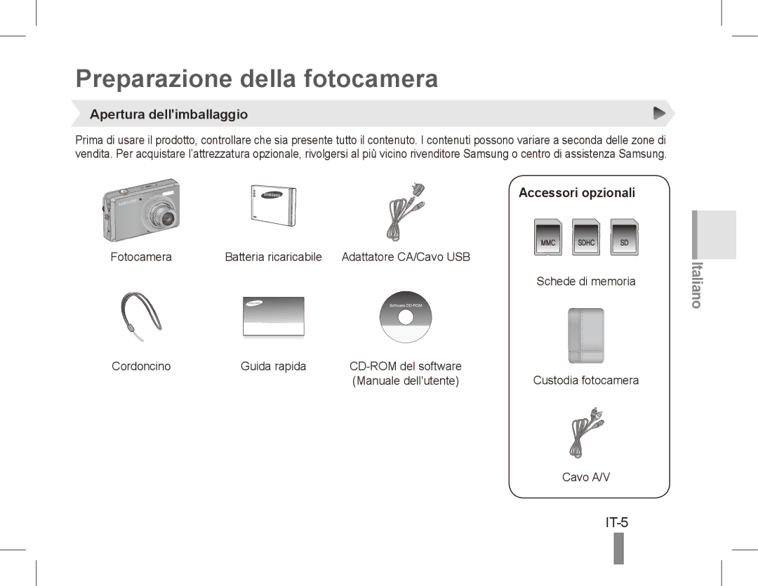 Samsung EC-PL65ZBBP/E2, EC-PL65ZRBP/FR Preparazione della fotocamera, IT-5, Apertura dellimballaggio, Accessori opzionali 