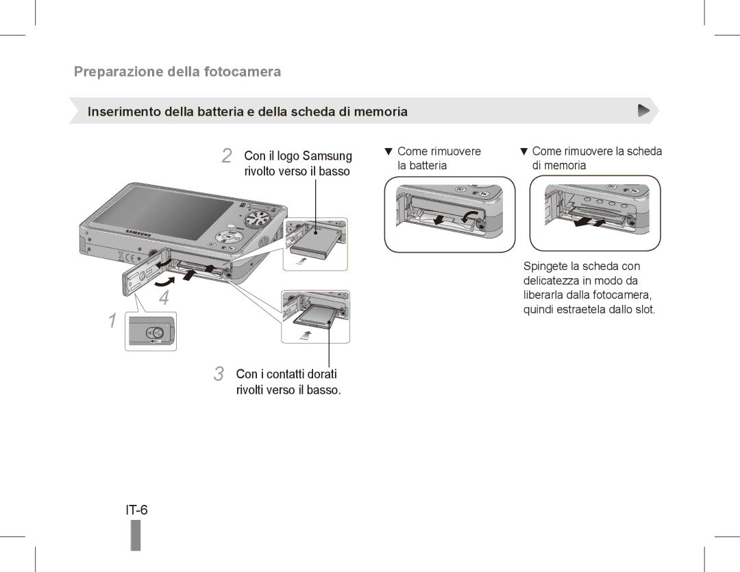 Samsung EC-PL65ZPBP/E2 manual Preparazione della fotocamera, IT-6, Inserimento della batteria e della scheda di memoria 