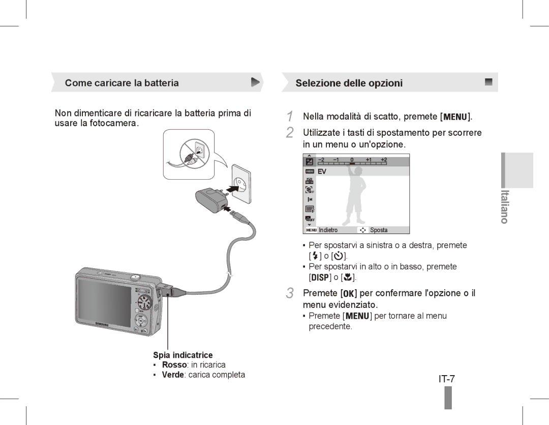 Samsung EC-PL65ZABP/E2 manual IT-7, Come caricare la batteria, Un menu o unopzione, Menu evidenziato, Spia indicatrice 