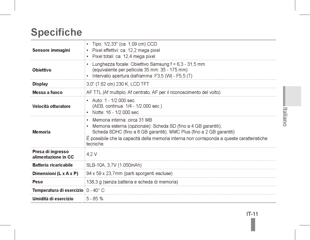 Samsung EC-PL65ZABA/RU, EC-PL65ZRBP/FR, EC-PL65ZABP/FR, EC-PL65ZSBP/FR, EC-PL65ZBBP/FR, EC-PL65ZPBP/FR manual Specifiche, IT-11 